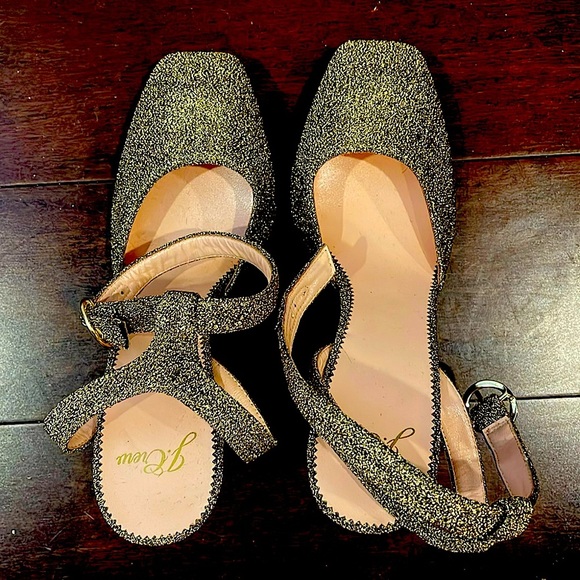 Gold sparkle J. Crew vicky ankle strap closed block toe heels NWOT 7 1/2 - Picture 1 of 10